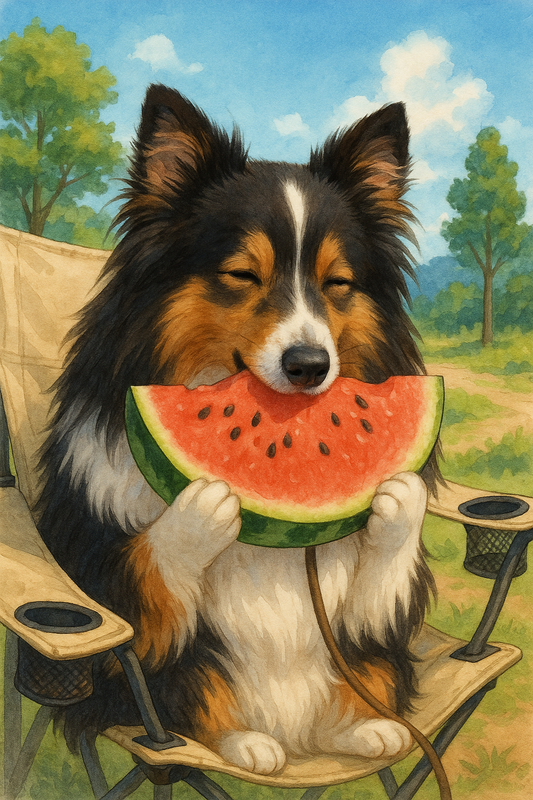 夏の終わりにスイカを食べる犬のイラスト|残暑や夏バテ対策のイメージ