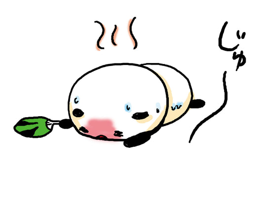 暑さで顔を赤くし、汗をかいて地面に倒れ込むキャラクターのイラスト