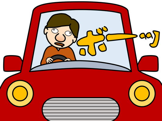 長時間のドライブ後に車のそばで腰を押さえる人物のイラスト