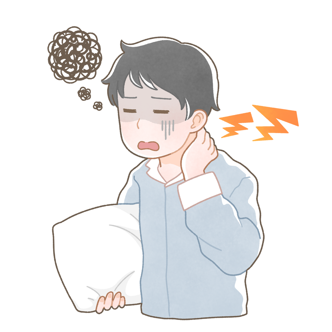 枕元で寝違えた首を押さえて痛がる男性のイラスト