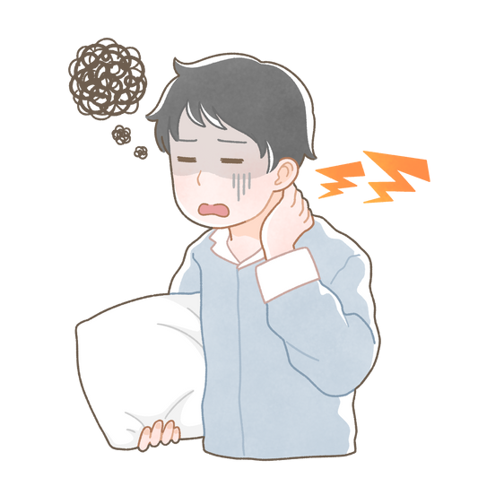 枕元で寝違えた首を押さえて痛がる男性のイラスト