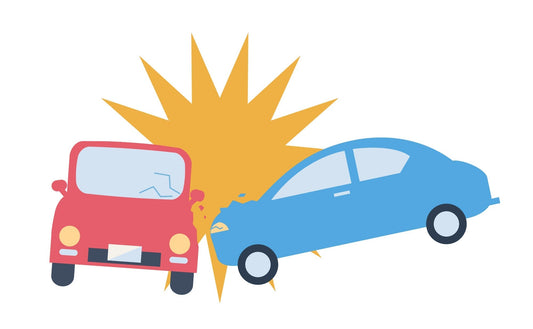 赤い車と青い車が衝突している交通事故のイラスト