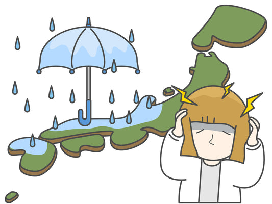 雨の中で頭の重さや頭痛を感じている女性のイラスト