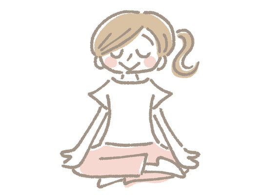 目を閉じて座り、ゆっくり呼吸しながら休憩する女性のイラスト