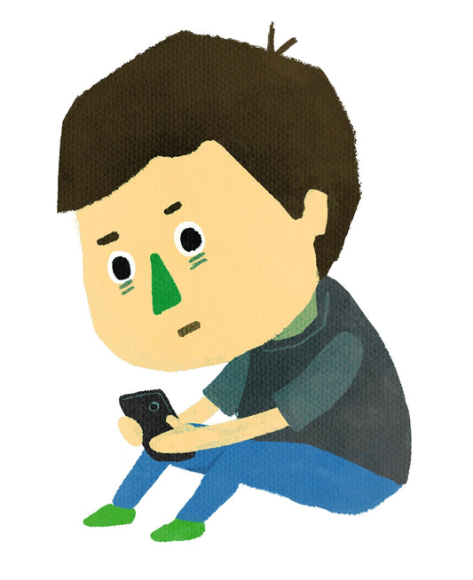 スマートフォンをのぞき込み、首を前へ曲げて座る人物のイラスト