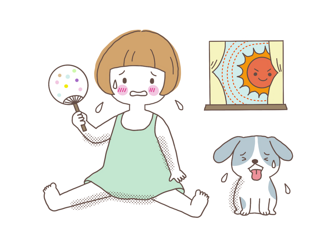 残暑の暑さで座り込み疲れている犬のイラスト