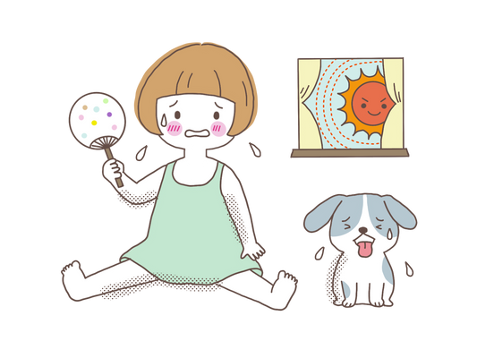 残暑の暑さで座り込み疲れている犬のイラスト
