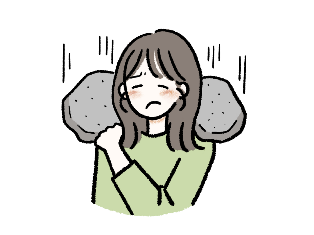 肩こりで両肩を押さえてつらそうにする女性のイラスト