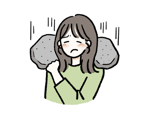肩こりで両肩を押さえてつらそうにする女性のイラスト