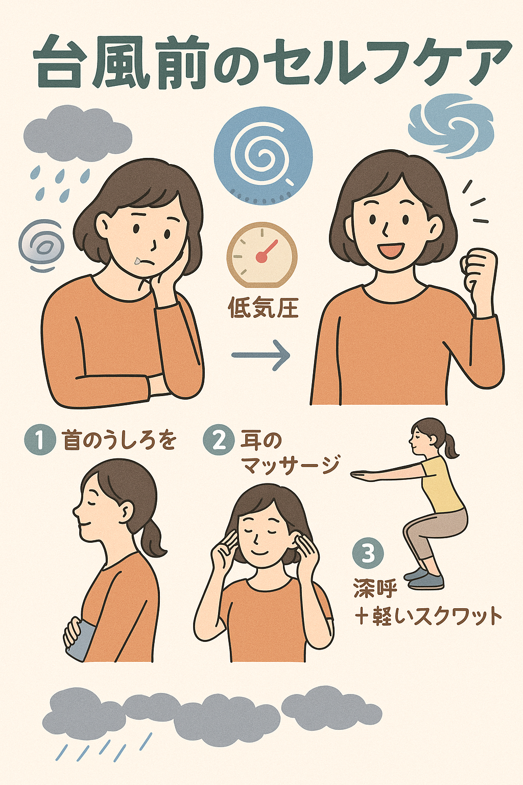 台風前の低気圧による不調と3つのセルフケアを示すイラスト