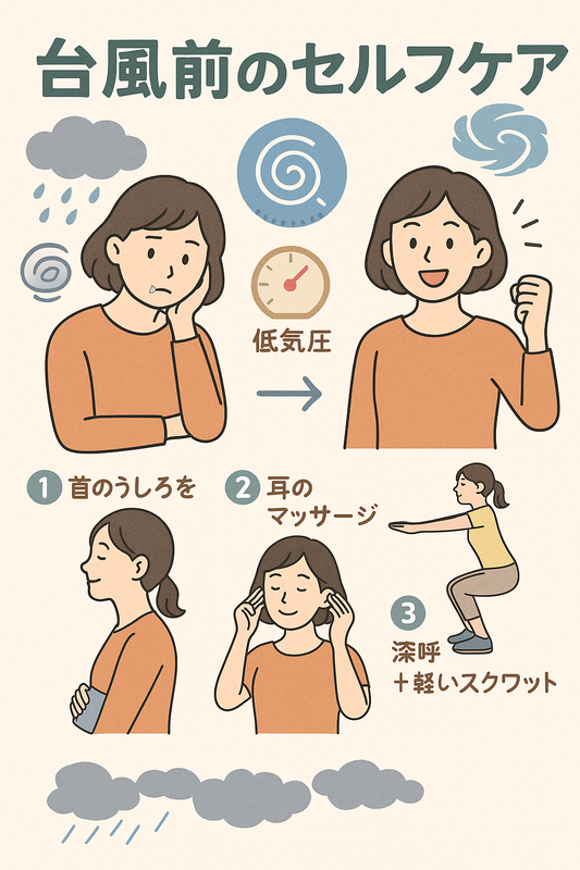 台風前の低気圧による不調と3つのセルフケアを示すイラスト